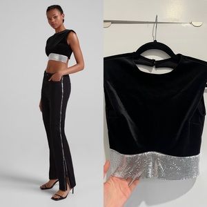 Bershka black velvet cropped top with silver trim